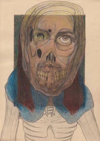 Ink and pencil on vintage print, 23,7 x 33 cm Spiritual drawing over a vintage print of Jesus, as one of the faces of Jesus. Here seen as the resurrected form