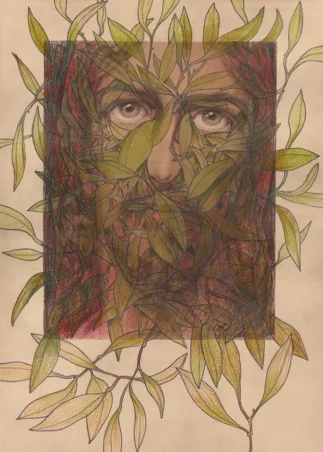 Ink and pencil on vintage print, 23,7 x 33 cm Spiritual drawing over a vintage print of Jesus, as one of the faces of Jesus. Here seen as the green man