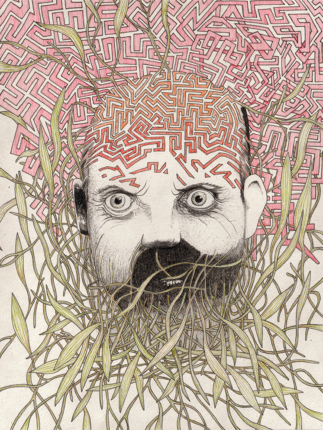 Ink on paper, 29,7 x 42 cm Drawing of an face, sprouting from leaves and growing into a labyrinth