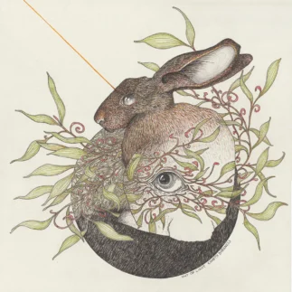 Ink on paper, 30 x 30 cm Intuitive drawing of a rabbit holding the eye, out of which grows nature