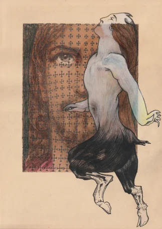 Ink and pencil on vintage print, 23,7 x 33 cm Spiritual drawing over a vintage print of Jesus, as one of the faces of Jesus. Here seen the duality between the old and new Gods