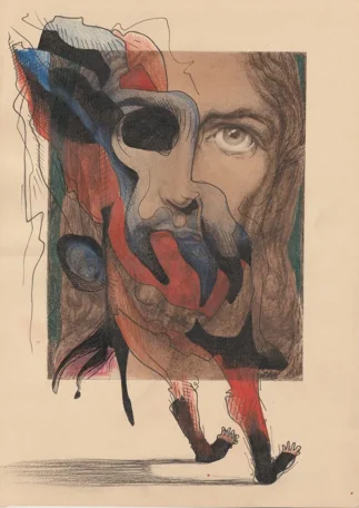 Ink and pencil on vintage print, 23,7 x 33 cm Spiritual drawing over a vintage print of Jesus, as one of the faces of Jesus. Here seen as a being of light and dark