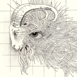 Ink on paper, 30 x 30 cm Spiritual drawing of a goat sprouting the eye