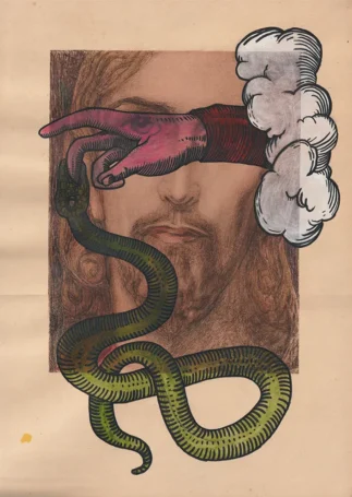 Ink and pencil on vintage print, 23,7 x 33 cm Spiritual drawing over a vintage print of Jesus, as one of the faces of Jesus. Here seen as alchemistic symbol