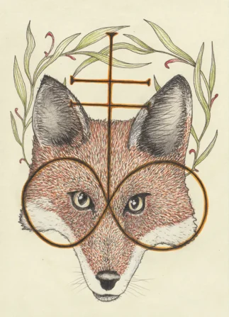 Ink on paper, 15 x 21 cm Drawing of a fox looking through the Leviathan cross