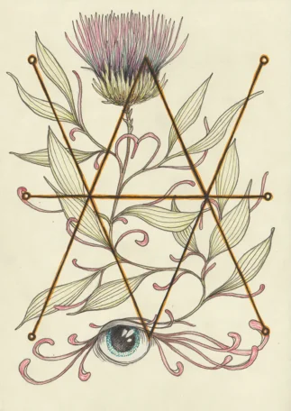 Ink on paper, 15 x 21 cm Drawing of an eye from which a flower grows. Rocking an occult esoteric symbol