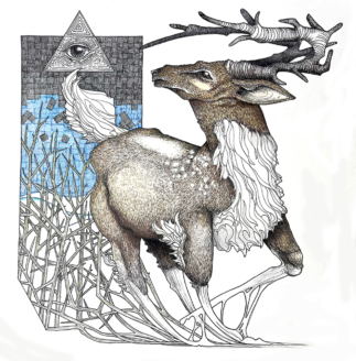 Ink on paper, 30 x 30 cm Spiritual drawing of a stag deer looking back at the eye of God, all-seeing and also just a backdrop