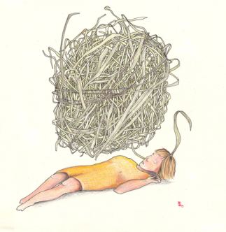 Ink and pencil on paper, 30 x 30 cm Spiritual drawing of a woman sleeping under a giant ball of grass, like dreaming of a made world in nature