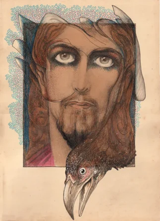 Ink and pencil on vintage print, 23,7 x 33 cm Spiritual drawing over a vintage print of Jesus, as one of the faces of Jesus. Here seen as a strange bird