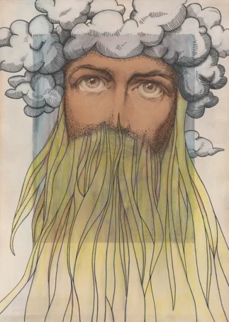 Ink and pencil on vintage print, 23,7 x 33 cm Spiritual drawing over a vintage print of Jesus, as one of the faces of Jesus. Here seen as the cloud God